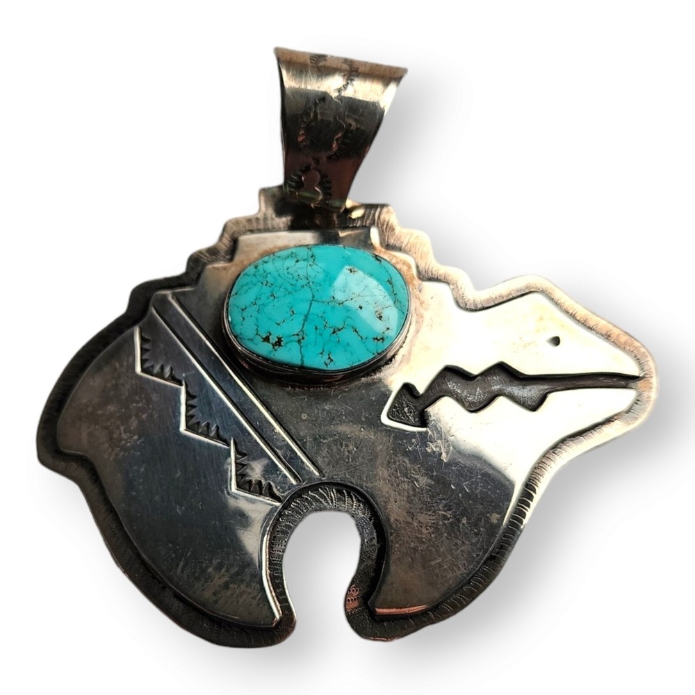Aaron Johnson Pendant Sterling Silver Large Turquoise Navajo Bear Vintage